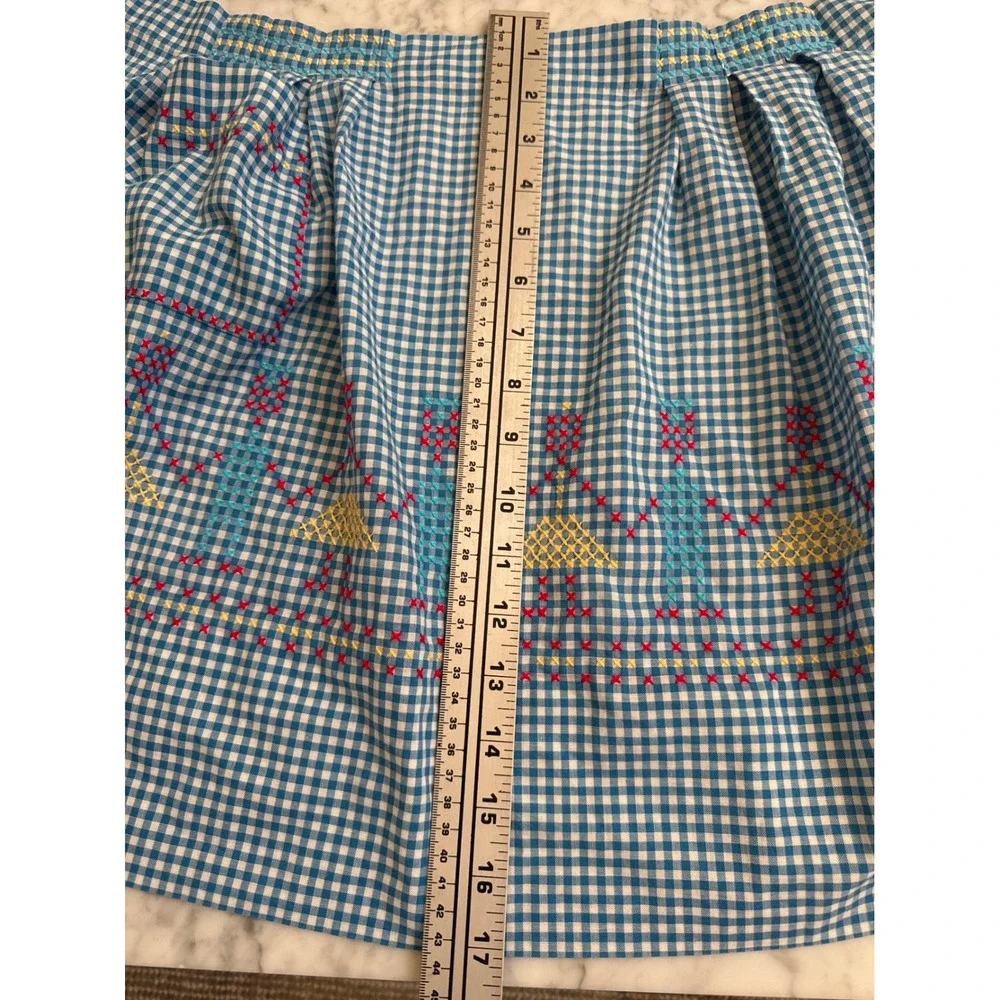Vintage Blue Gingham Hand Embroidered Half Apron Cross Stitch People Folk Art